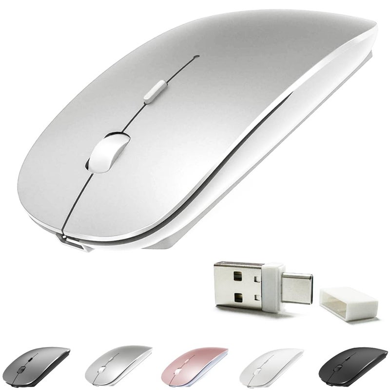 KLO 4 Modes Rechargeable Bluetooth Mouse BT3.0/5.2+USB-2.4G/Type-C,Wireless Mouse for MacBook pro/MacBook air/Laptop/iMac/ipad/Notebook/pc (BT/USB-C Silver) - Image 1